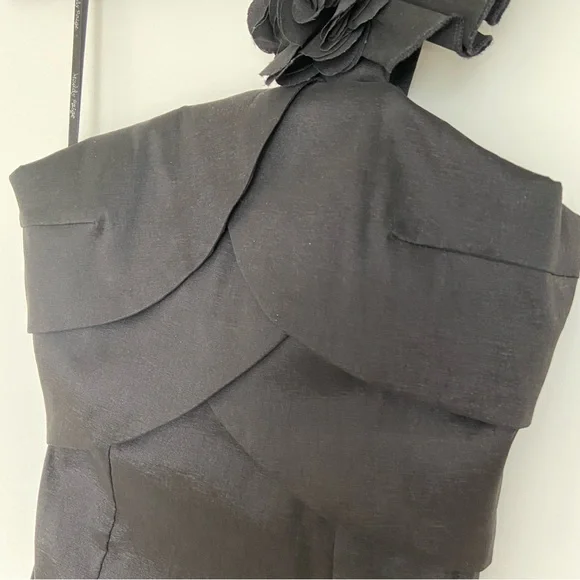 Black Mini Dress with Ruffled Shoulder - Picture 2 of 6